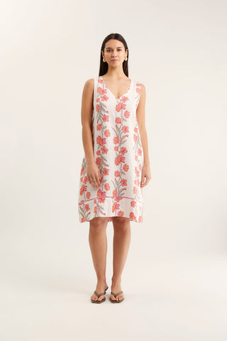 Delphi Linen Dress In Pink Vine Print