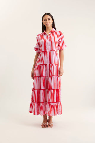 Marlow Bretton Linen Dress In Pink/Red