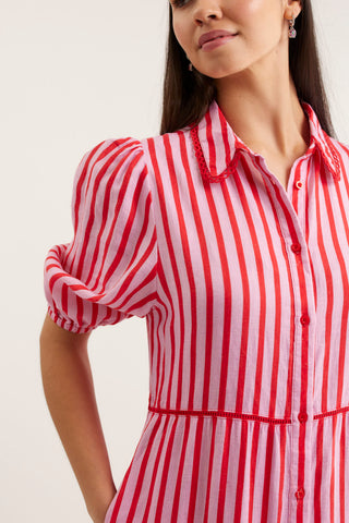 Marlow Bretton Linen Dress In Pink/Red