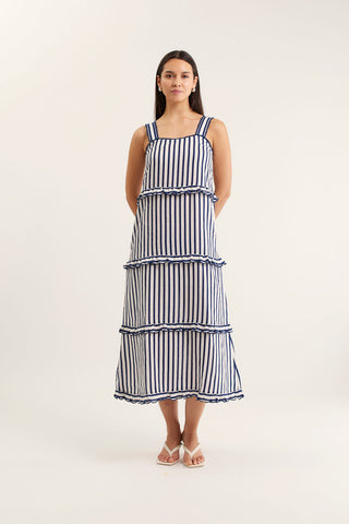Clementine Bretton Linen Dress In Navy/White