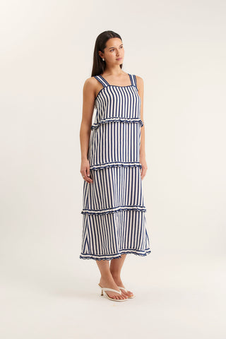 Clementine Bretton Linen Dress In Navy/White