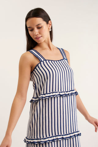 Clementine Bretton Linen Dress In Navy/White