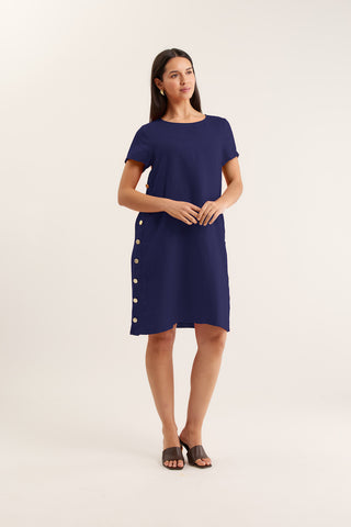 Louie Classic Linen Dress In Navy