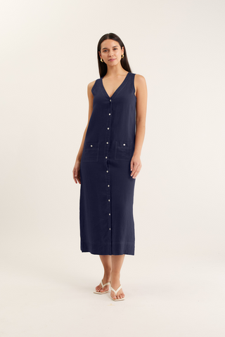 Tani Midi Linen Dress In Navy/White