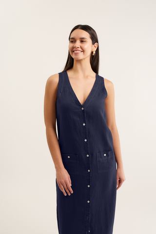 Tani Midi Linen Dress In Navy/White