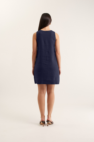 Tani Linen Dress In Navy/White