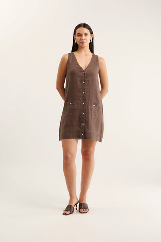 Tani Linen Dress In Choc/White
