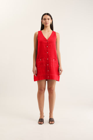 Tani Linen Dress In Red/White