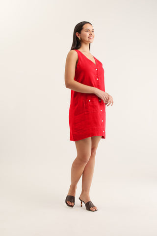 Tani Linen Dress In Red/White