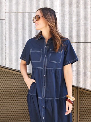 Hazel Poplin Midi Dress In Navy