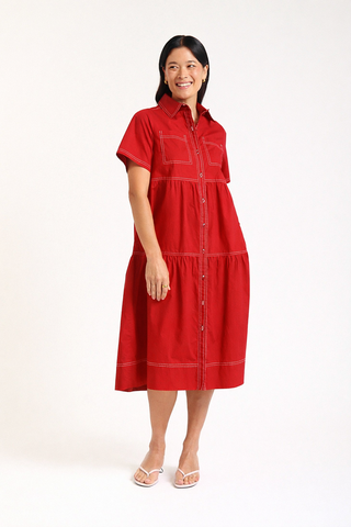 Hazel Poplin Midi Dress In Scarlet