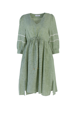 Ada Linen Dress in Olive Houndstooth