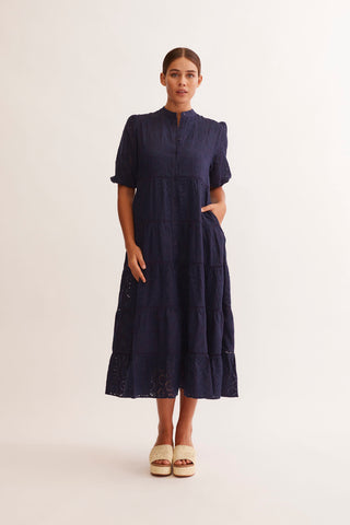 Martina Linen Broidery Dress in Navy