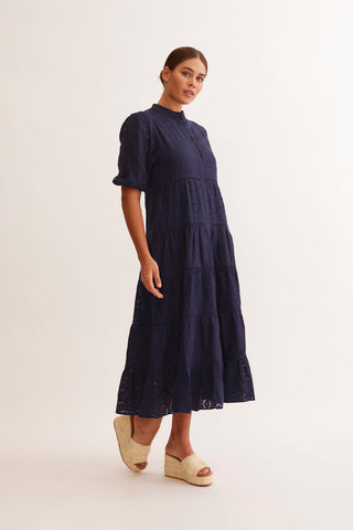 Martina Linen Broidery Dress in Navy