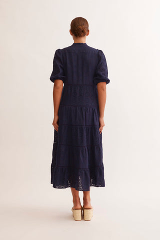 Martina Linen Broidery Dress in Navy