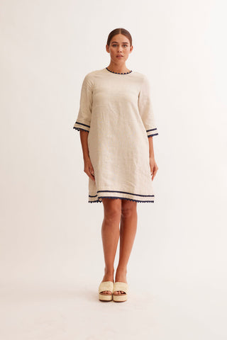 Claire Linen Dress in String/Navy