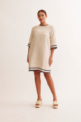 Claire Linen Dress in String/Navy