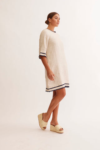 Claire Linen Dress in String/Navy