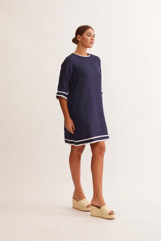 Claire Linen Dress in Navy/White