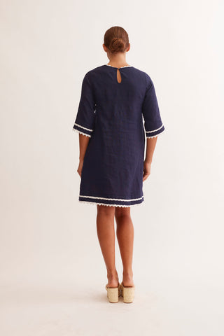 Claire Linen Dress in Navy/White