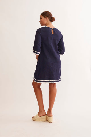 Claire Linen Dress in Navy/White