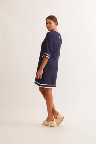 Claire Linen Dress in Navy/White