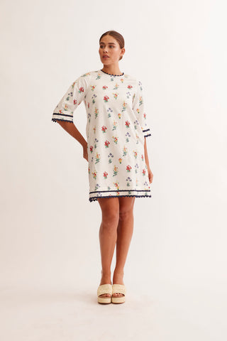 Claire Linen Dress in Ivory Lily Print