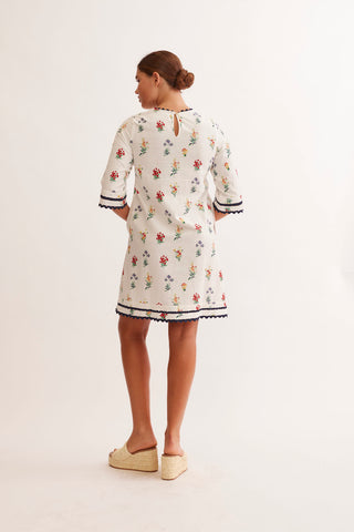 Claire Linen Dress in Ivory Lily Print