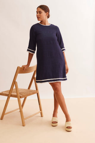 Claire Linen Dress in Navy/White