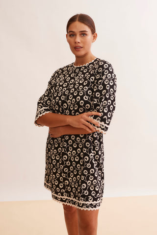 Claire Cotton Dress in Black Cassia Print