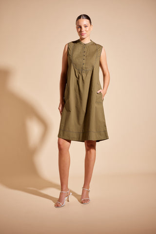 Pintuck Poplin Dress in Olive