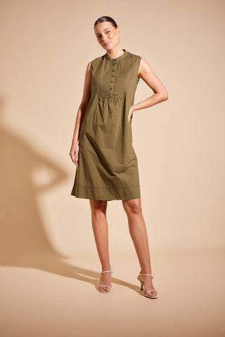 Pintuck Poplin Dress in Olive