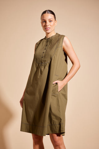 Pintuck Poplin Dress in Olive