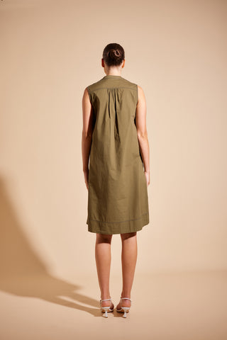 Pintuck Poplin Dress in Olive