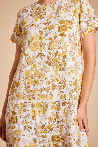 Claudette Linen Dress in Mustard Nina's Garden Print