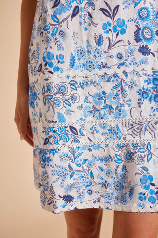 Claudette Linen Dress in Periwinkle Nina's Garden Print