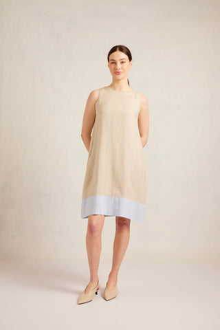 Lenna Linen Splice Dress In Sand