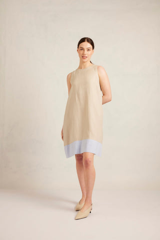 Lenna Linen Splice Dress In Sand