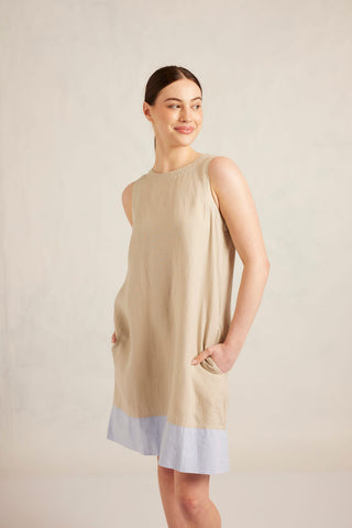 Lenna Linen Splice Dress In Sand