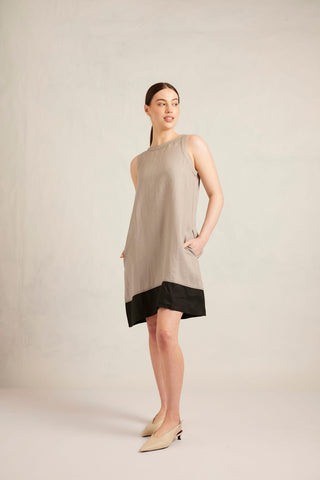 Lenna Linen Splice Dress In Grey