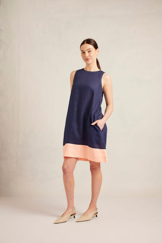 Lenna Linen Splice Dress In Royal