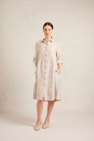 Maxine Linen Dress in Beige Stripe