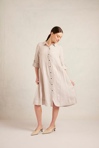 Maxine Linen Dress in Beige Stripe