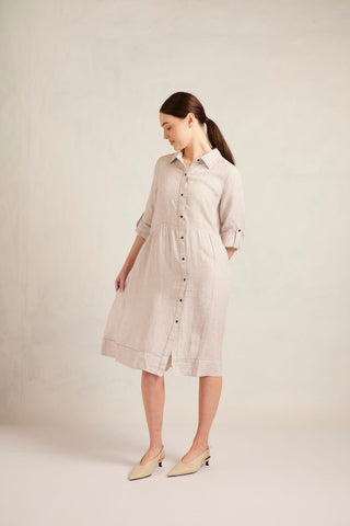 Maxine Linen Dress in Beige Stripe