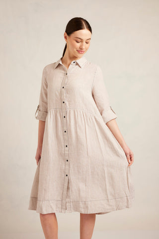 Maxine Linen Dress in Beige Stripe