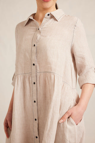 Maxine Linen Dress in Beige Stripe