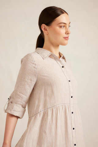 Maxine Linen Dress in Beige Stripe