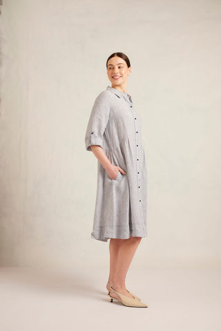 Maxine Linen Dress in Navy Stripe