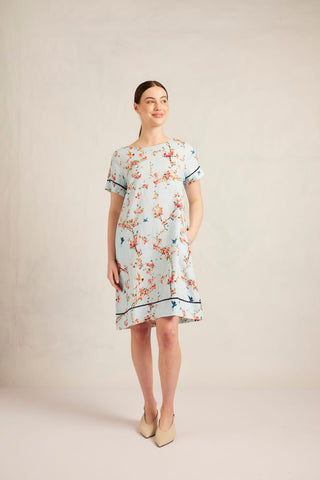 Connie Linen Dress in Ice Blue Blossom