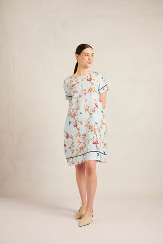 Connie Linen Dress in Ice Blue Blossom